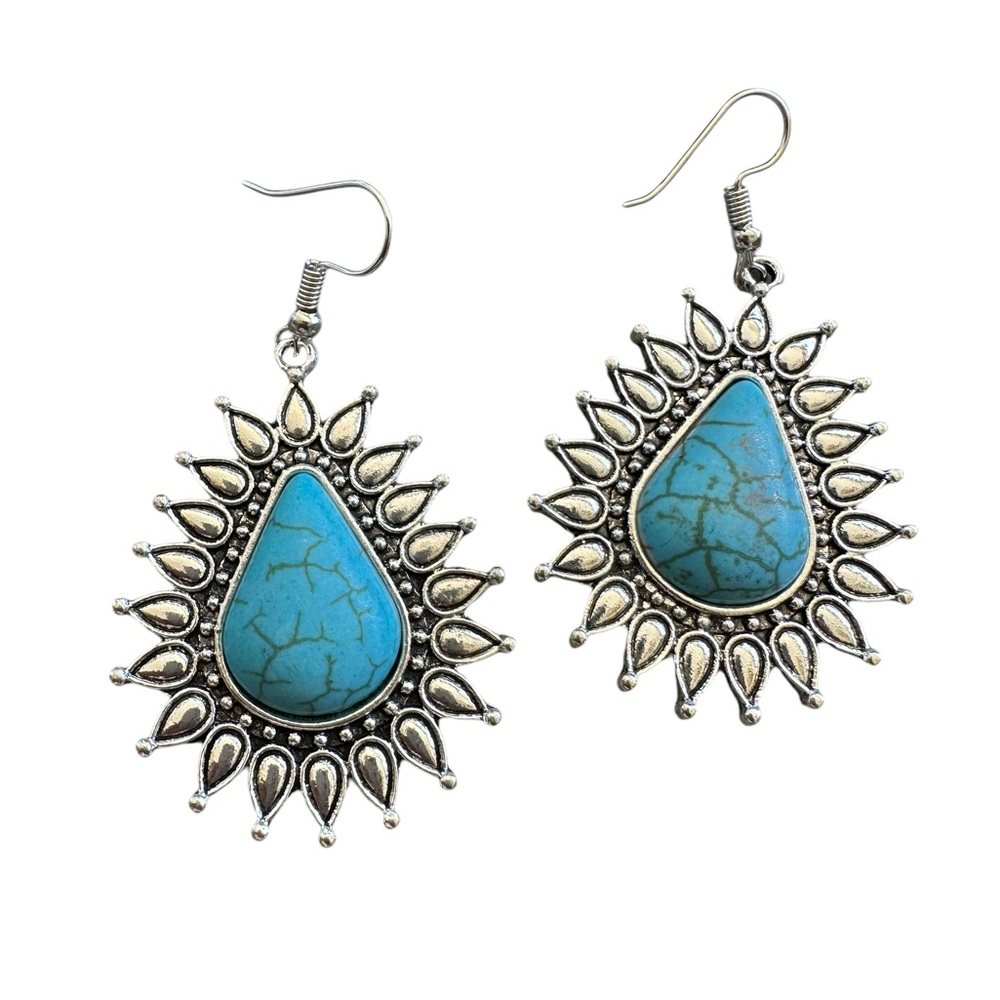 Boho Large Silver and Turquoise Flower Drop Earrings